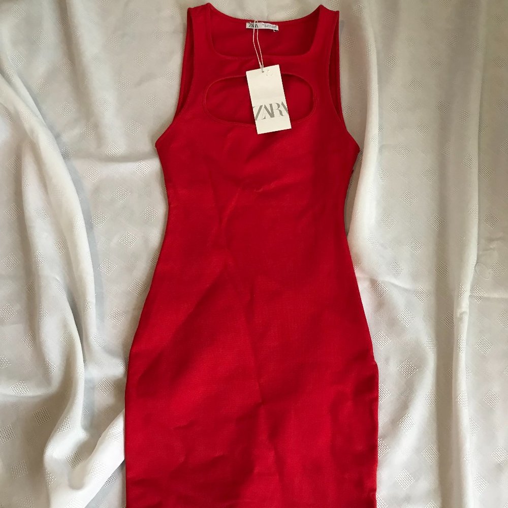Zara Red Fitted Dress Cutout Size XS